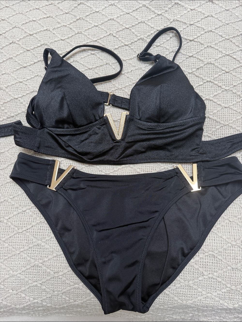 Victoria Secret Black Bikini Set with Gold V Hardware